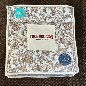 True Religion QUEEN Sheet Set Floral 6-Piece Brown Cream Boho Cottage Bedding